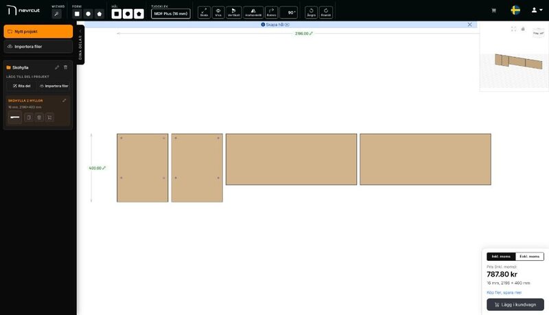 2D view of an MDF part in NevrCut's Forge drawing tool